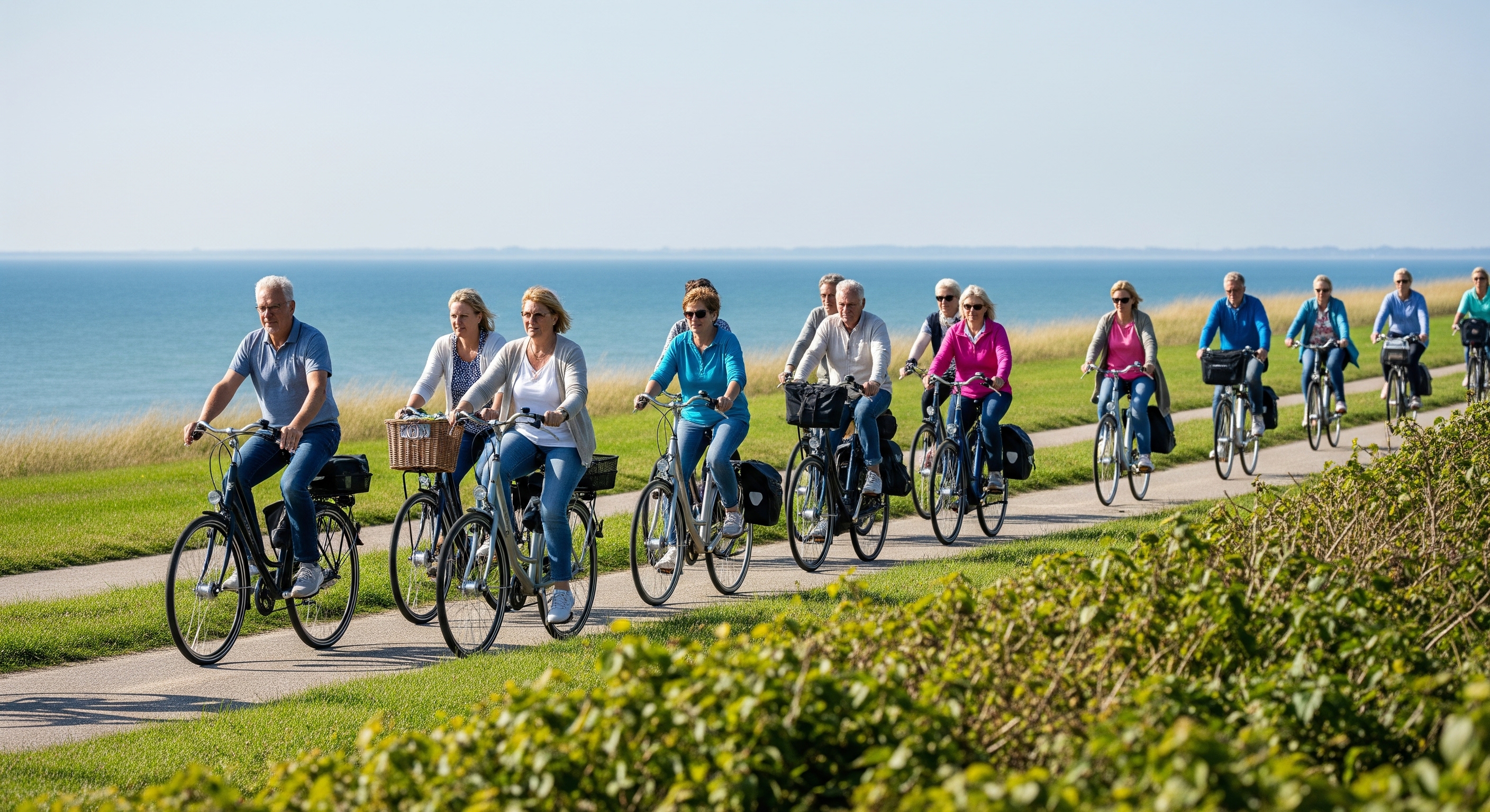 Fahrradgruppe auf einem Deich in Ostfriesland